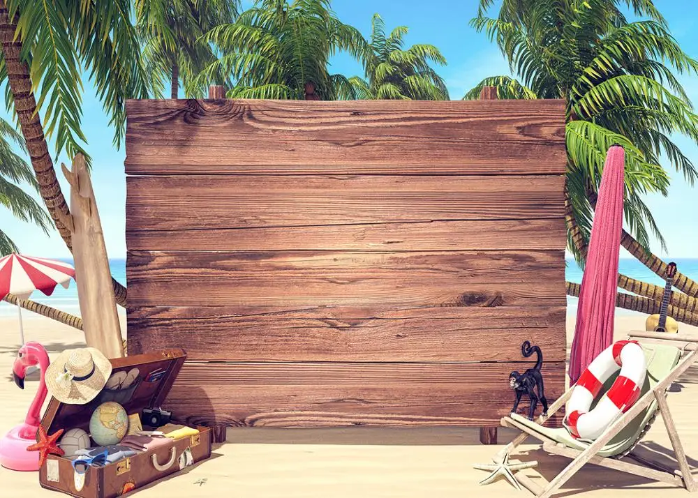 

Photocall sea Background summer Tropical Beach coconut tree surfboard wood Holiday Scenic island Photography Backdrop