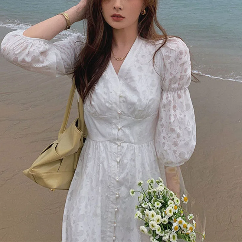 

Women Casual Beach Party Midi Dresses 2021 Summer Short Sleeve One Piece Dress Female Korean V-Neck Button Vintage Floral Dress