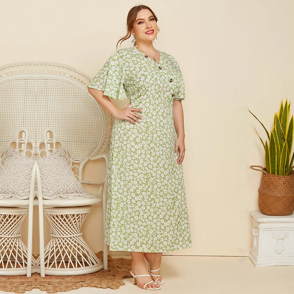 

Plus Size Clothing for Women 2021 Summer New Lotus Leaf Sleeve Button Decorated Short Sleeve V-neck Floral Dress DR210113