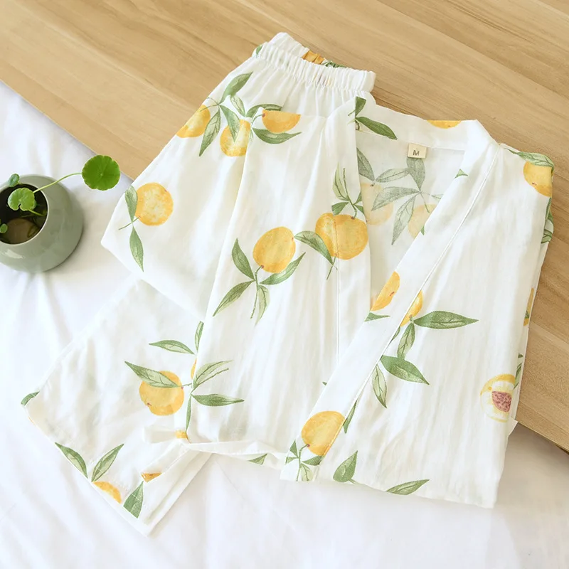

Kimono Pajamas Women Spring Summer Cotton Gauze Three-quarter Sleeves Japanese Season Cute Plus Size Home Service Thin Section