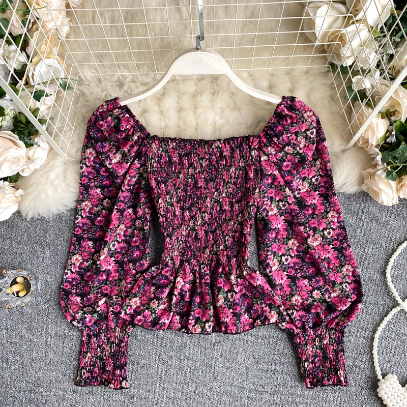 

Women's Autumn Retro Blouse Square Collar Elastic Slim Short Puff Sleeve Top New Holiday Style Floral Shirts Female Blusa PL519