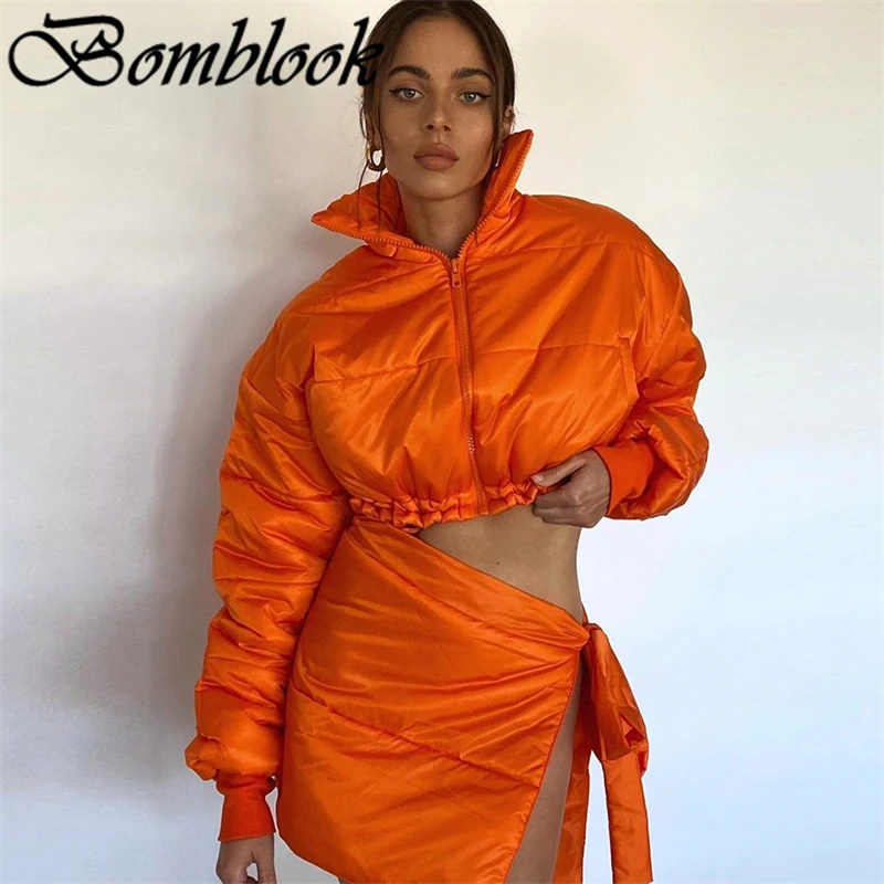 Bomblook Casual Fashion Women's Coat Suits 2021 Turtleneck Zippers Drawstring Jacket Lace Up Skirt 2 Piece Sets Female Outfits