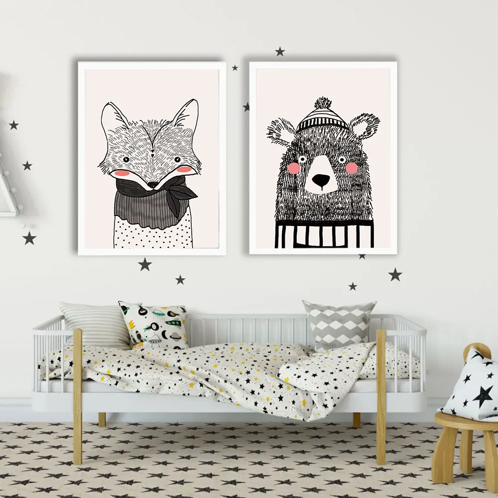 

Cartoon Animals Poster Canvas Black White Cute Bear And Fox Nursery Painting Art Print Wall Picture Living Kids Room Home Decor