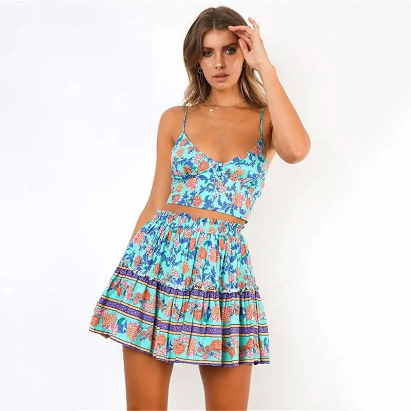Pattern 1 Женский комплект из 2 предметов в богемном стиле с цветочным принтом, на шнуровке, укороченный топ, драпированная плиссированная юбка, костюмы в винтажном стиле на бретельках, комплект из 2 предметов - Цвет: Pattern 1
