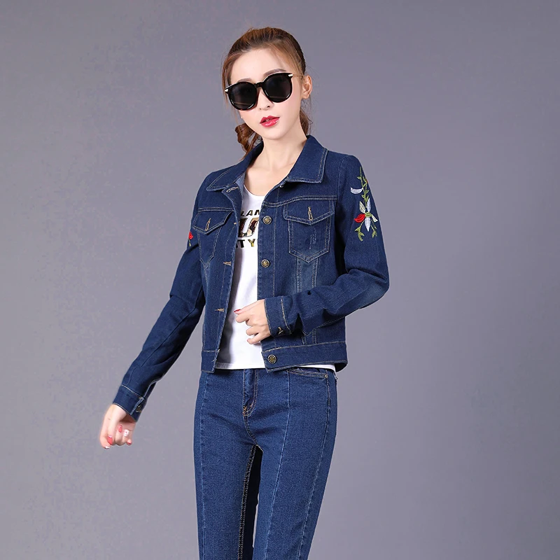 Большие размеры Denim Женская джинсовая куртка 2019 новые тонкие куртки с вышивкой