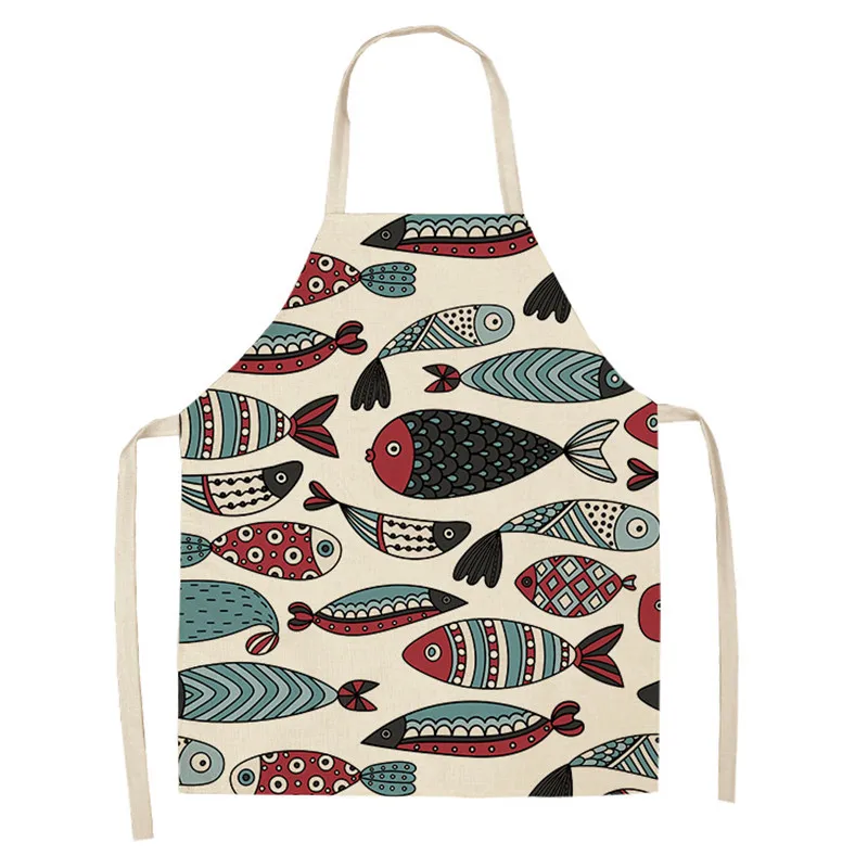 

Cute Fish Printed Kitchen Cooking Aprons For Women Chefs Anti-oil Linen Baking Apron Household Cleaning Apron Delantales