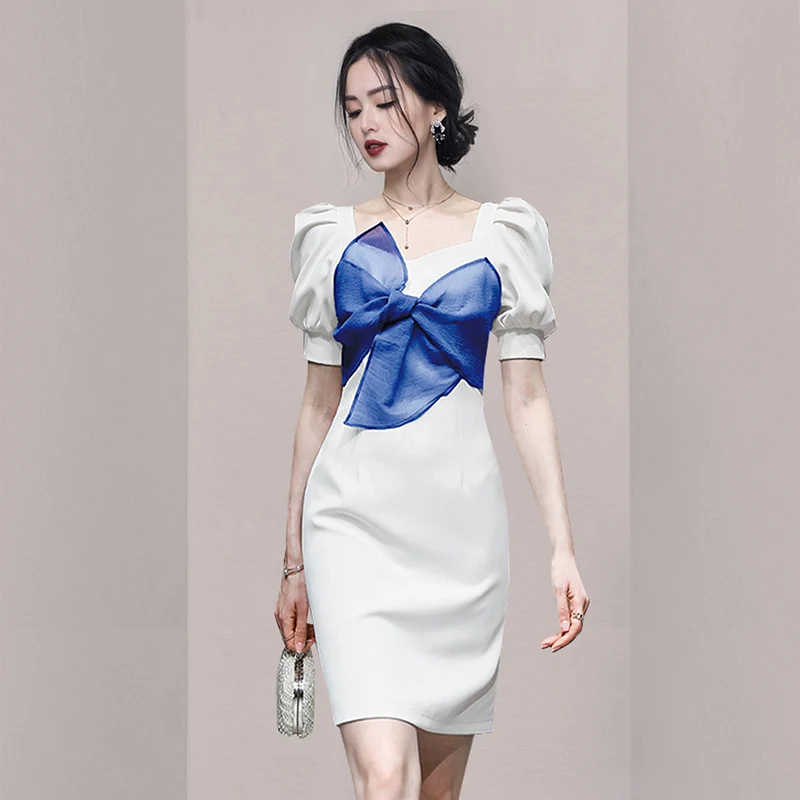

JSXDHK New Summer Office Ladies Dress 2021 Fashion Women Big Bow Mesh Square Collar Sweet Female Puff Sleeve White Bodycon Dress
