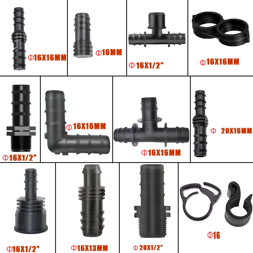

Tubing Fitting 16 20mm Tee Elbow Equal Barb Connector End Plug Micro Drip Adapter & Pipe Hook Connection Fastening Clips Garden
