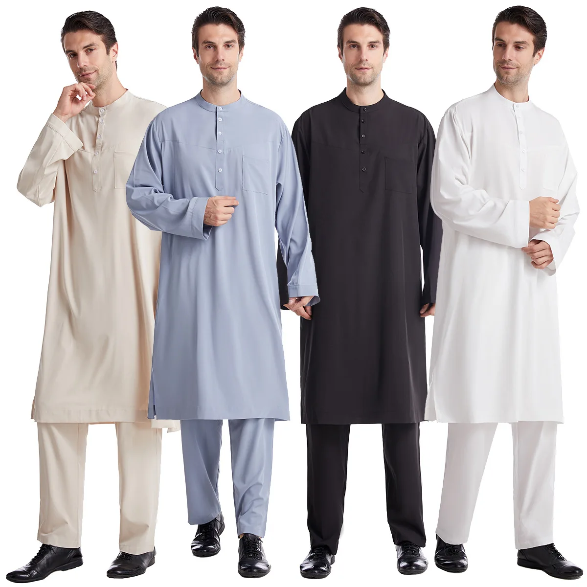 Müslüman arapça erkekler Jubba Thobe düğmeli bornoz pant2adet elbise Abaya suudi Arabia Eid türkiye Kurtas islam müslüman günlük elbise