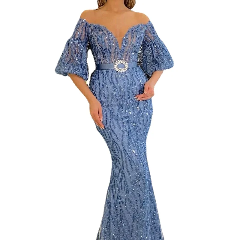 

Ladies Evening Dress 2021 Fashion Women's New Temperament Princess Sexy Bag Hip Bead Strapless Lace Banquet Blue Skirt WE76