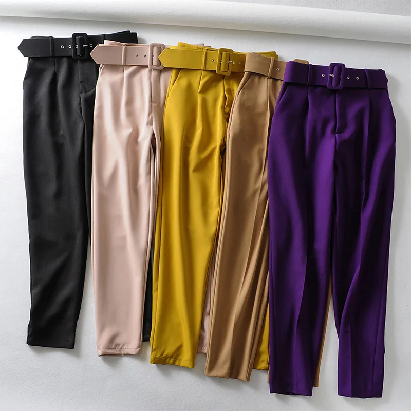

Women's Pants High Waist With Belt Classic Pockets Office Lady Ankle-length Trousers Female 2021 Spring Fashion Pink Harem Pants