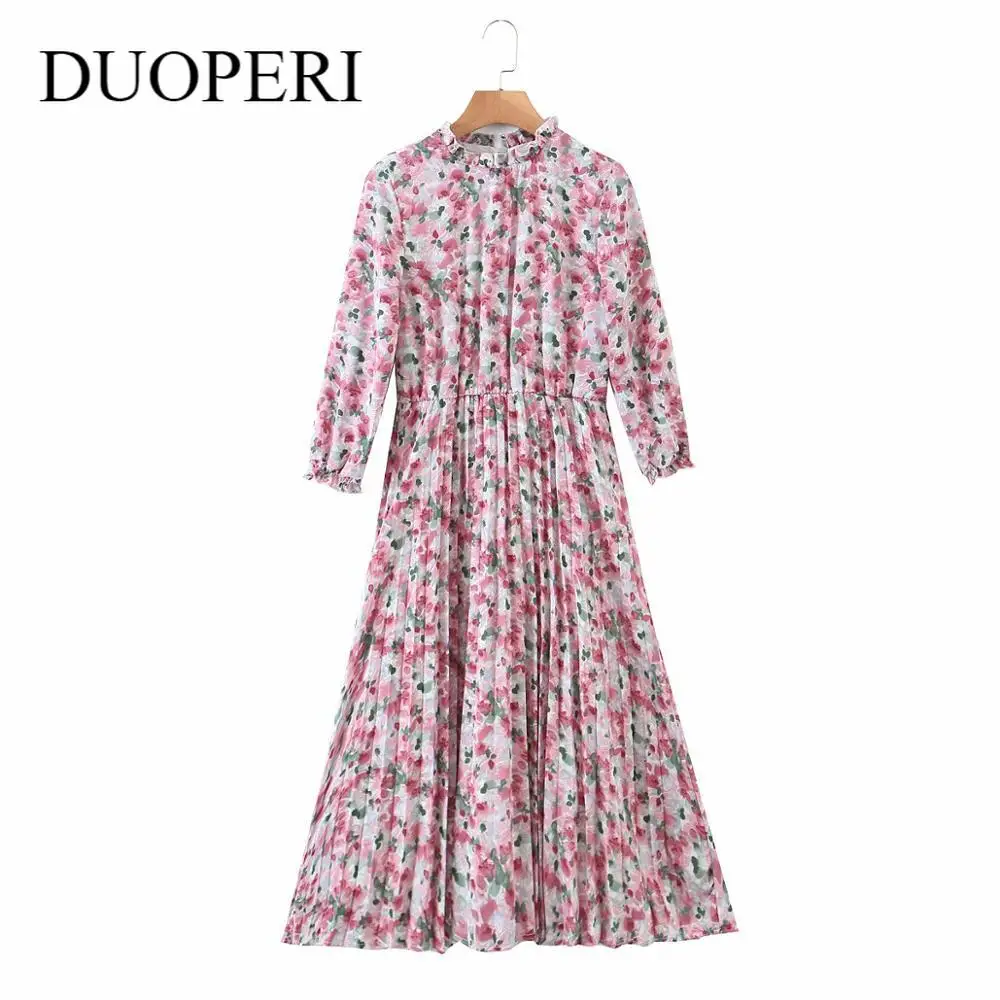 

Женское плиссированное платье, Повседневное платье до середины икры с цветочным принтом, круглым вырезом и длинным рукавом, 2020