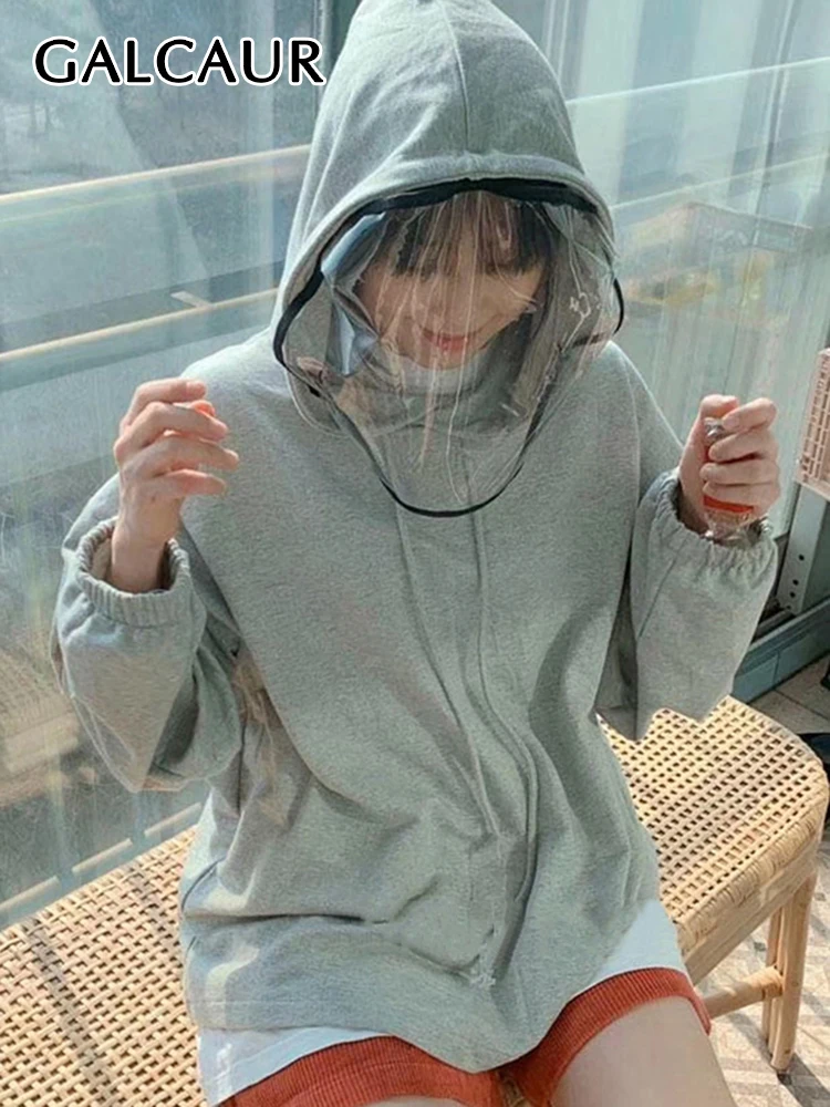 

GALCAUR Fashion Sweatshirt For Women Hooded Collar Long Sleeve Face Mask Designer Lace Up Streetwear Sweatshirts Female 2022 New