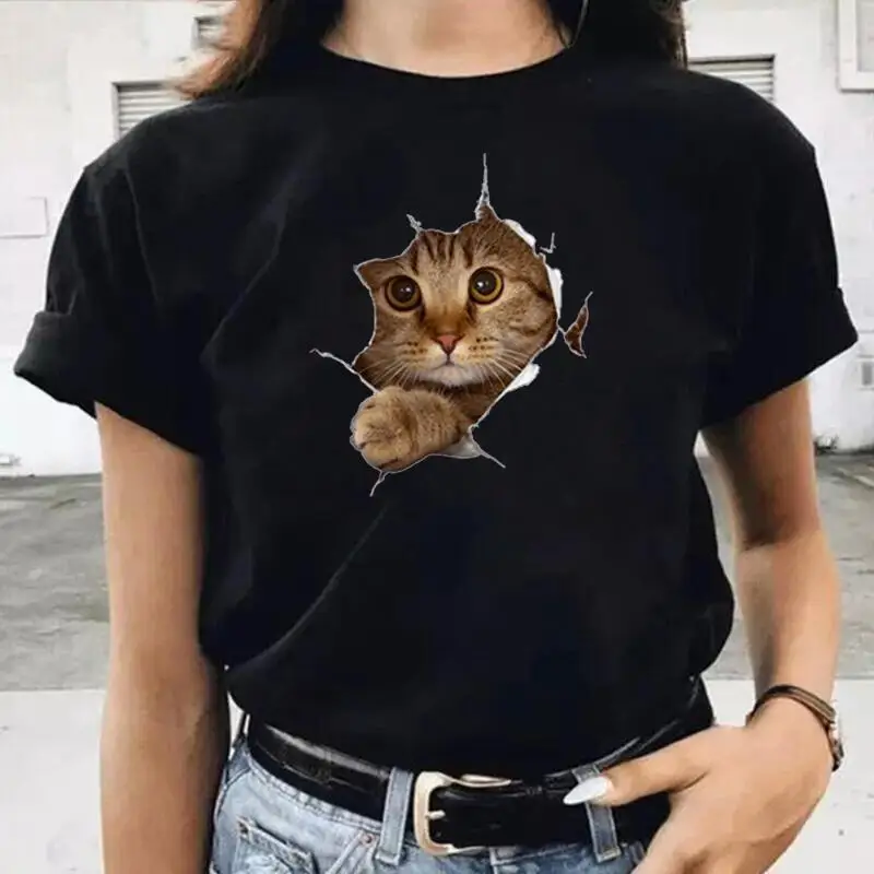 

Летняя футболка с коротким рукавом, Женская забавная Милая футболка с принтом «Voyeur Cat», женские топы, Повседневная рубашка в стиле Харадзюку...