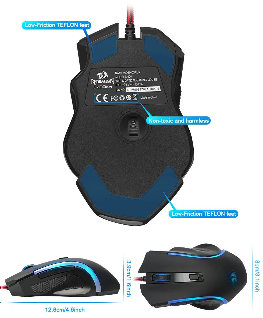 Redragon GRIFFIN M607 USB Проводная игровая компьютерная мышь 7200 dpi 6 кнопок 7 цветов с подсветкой RGB программируемая эргономичная для PC Gamer