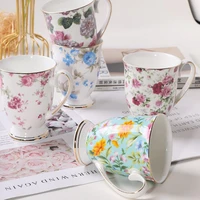 2021 vintage bone ceramic mugs flower print milk breakfast coffee mug tea cup with handle home office travel cups exquisite gift
