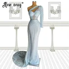 Женское вечернее платье-русалка, небесно-голубое официальное платье на одно плечо с блестками, праздничное платье для особых случаев, 2021
