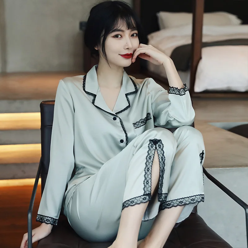 2021 New Spring and Summer Pajamas Women's Sexy Sleepwear Long Sleeve Suit Korean Black Lace Fashion Home Clothes Nightwear