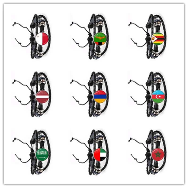 

Malta Zambia Zimbabwe Latvia Armenia Azerbaijan Saudi Arabia UAE Morocco National Flag Glass Dome Leather Bracelet For Women Men