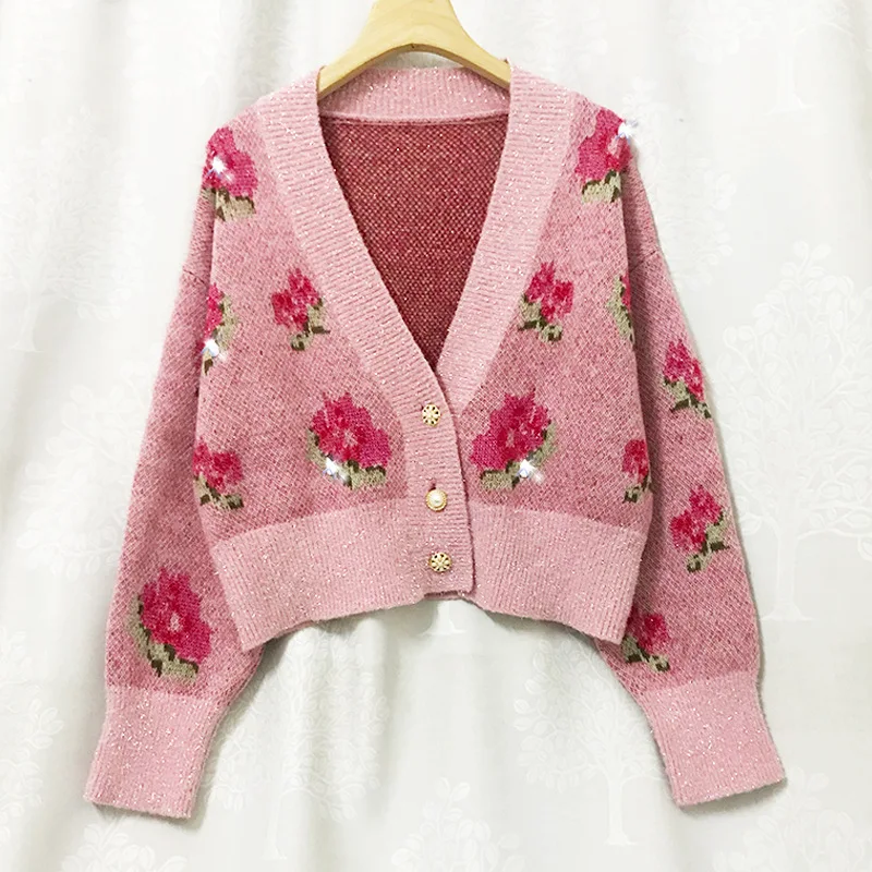 

Elegant Flower Print Christmas Female Cardigan Pink Wool Sweaters Women Single Breasted Vintage Short Coat Autumn Clothing New