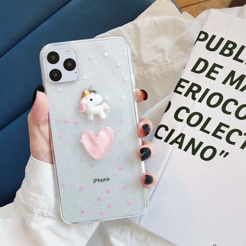 3D мультфильм милый Единорог телефонный чехол для iphone 11 Любовь Сердце Блестящий