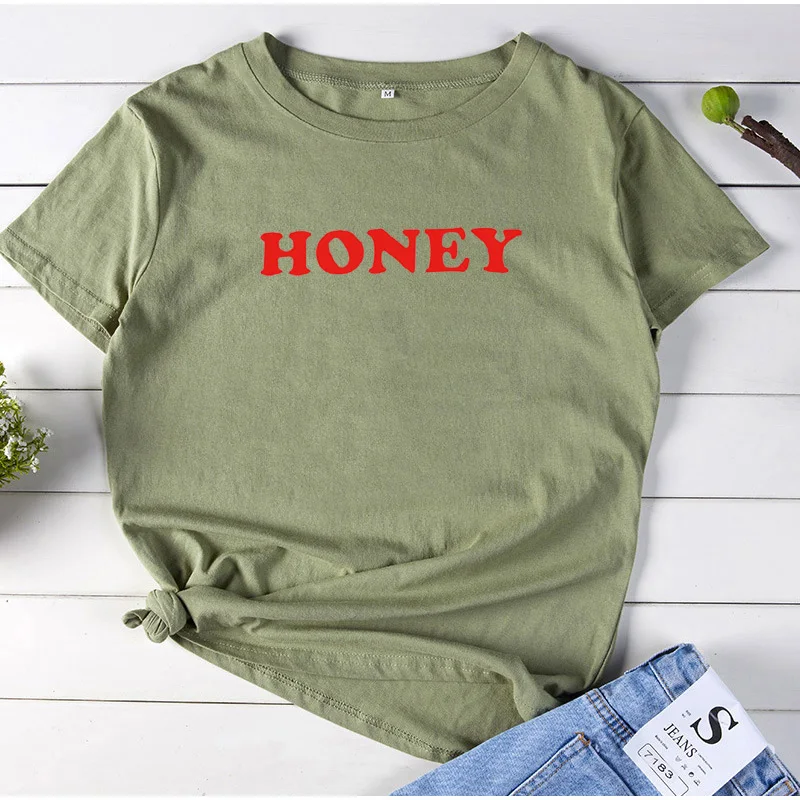 

Honey Shirt Printed Tee Shirt Femme Summer Short Sleeve O-neck T Shirts Women Cotton Loose Tops Black White Women T Shirt