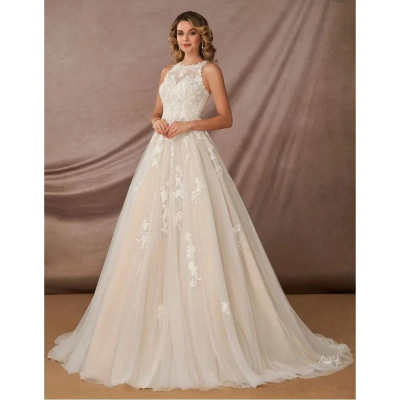 

Champagne Satin Lace Tulle Sleeveless Floor-Length A-Line Wedding Dresses Sweep/Brush Train Custom Made