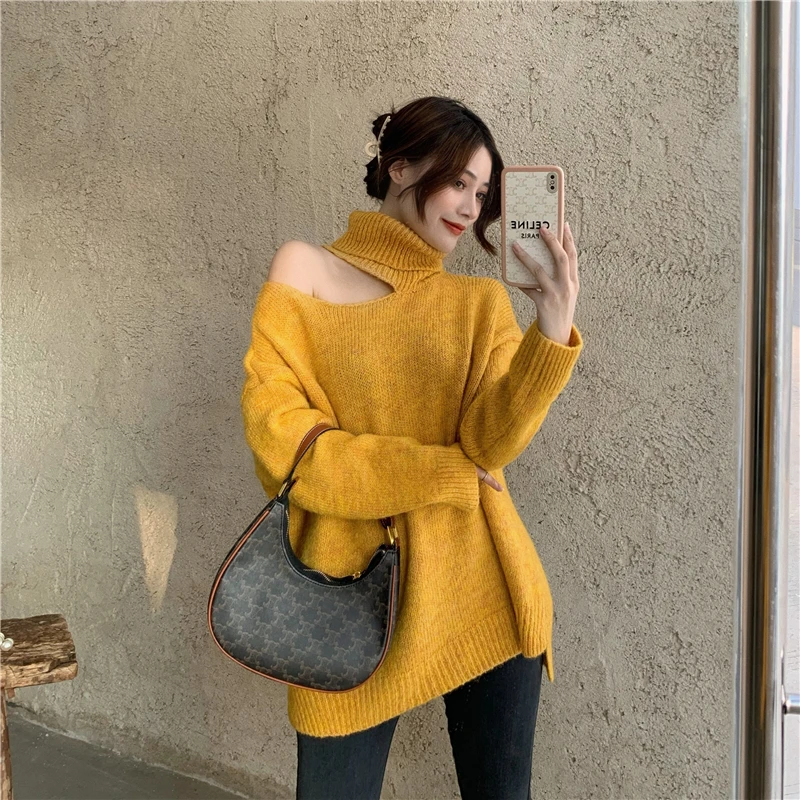 

2020 Autumn Winter Women Turtleneck Knitted Sweater Korean Fashion Off Shoulder Loose Oversized Sweaters Midi Long Wool Pullover