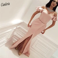 pink boat neck pleat long mermaid evening dress with sashes sleeveless front split off the shoulder formal evening party dresses