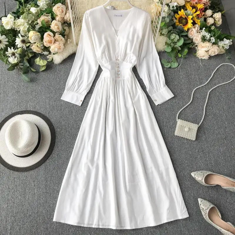 2019 Новое весенне осеннее винтажное платье женское тонкое с длинным рукавом v