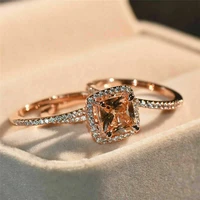 new luxury wedding rose champagne jewelry gems women filled rings gold color3pcsset