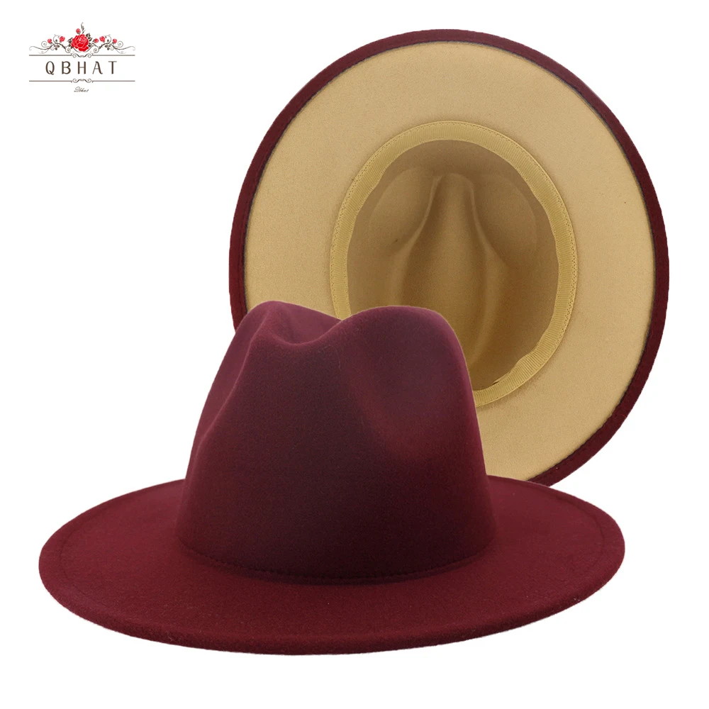 

QBHAT Outer Burgundy Inner Tan Patchwork Wool Felt Jazz Fedora Hats Women Men Large Brim Panama Cap Casual Unisex Gambler Hat