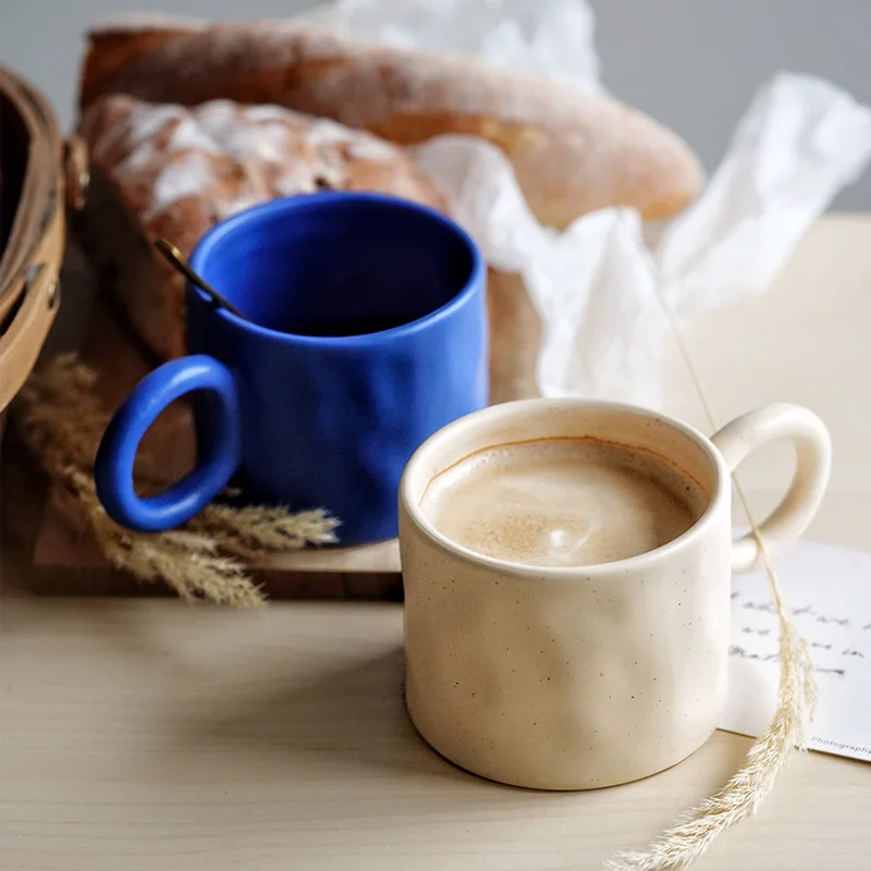 

Ceramic Big Earring Coffee Cup Mug Round Handle Hand Pinching Blue White Cups with Dots Hand Wrinkling Milk Cup