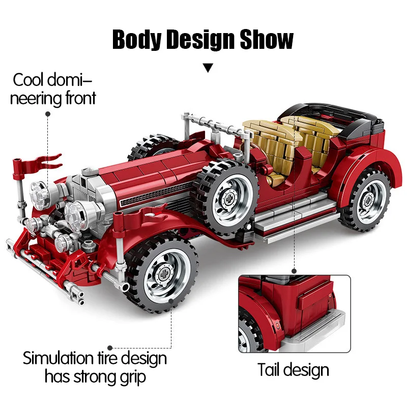 

617Pcs Classic Car Building Blocks For Technic Mechanical Vintage Roadster Vehicle City Models Bricks Toys For Boys