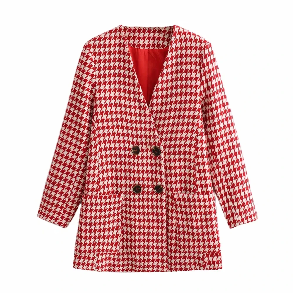 red plaid Винтажные женские красные клетчатые пальто Модные женские элегантные двубортные куртки Женское твидовое пальто женственная куртка для девочек шик - Цвет: red plaid