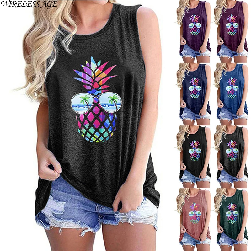

WIRELESS AGE T Shirt Women Round Neck Sleeveless Plant Pineapple Printed Slim Casual Lady Clothing Tops New Summer Fashion Wild