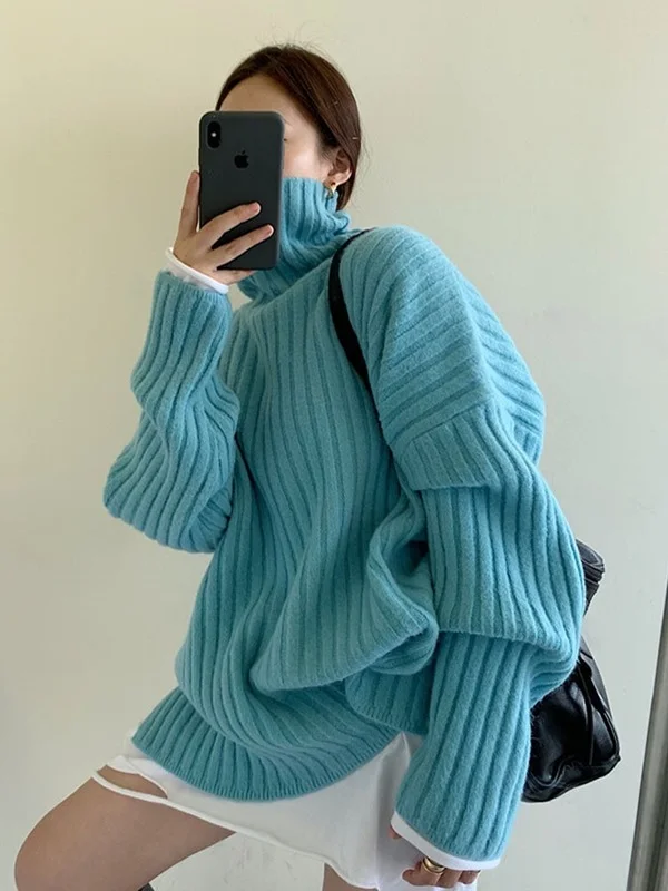Women Clothes 2021 Korean Fashion Sweater Loose Turtleneck Long Sleeve Knitted Sweaters Blue Womens Sweaters