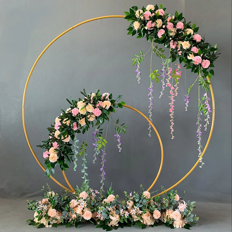 Wedding props wrought iron concentric round arches wedding decor double ring arch flower T platform stage backdrop layout 2pcs