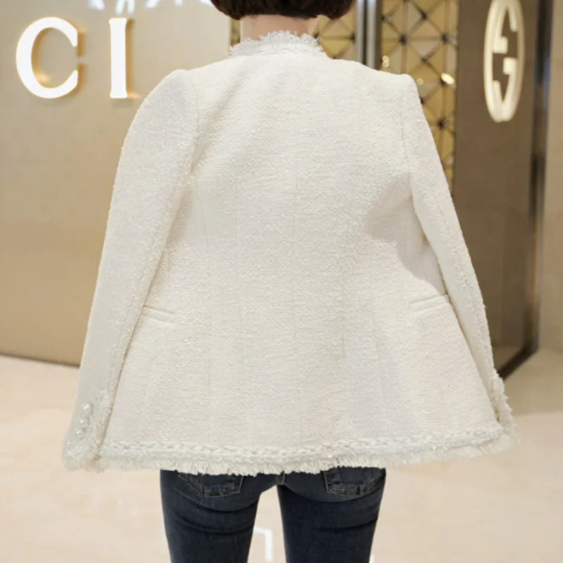 

2020 Autumn Winter Korean Style Casual Woolen Tweed Coat Long Sleeve Slim Tassel Pearl Button Elegant Runway OL Jacket Women