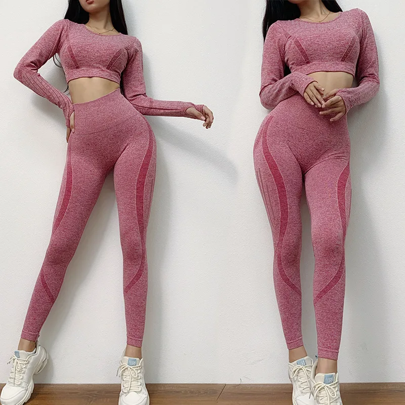

Long Sleeve Gym Crop Top High Waist Seamless Leggings Yoga Set 2 Pieces Women Sport Suit Sportswear Fitness Set Workout Clothes