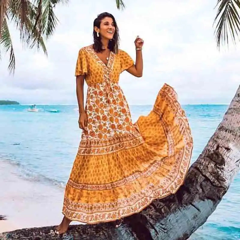 Богемный Вдохновленный желтым цветочным принтом длинное платье Бохо на