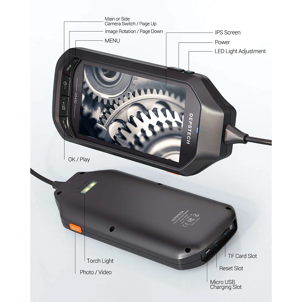 

DS450 4.5in IPS Screen Digital Endoscope 2.0MP 5.0MP Industrial Borescope Inspection Semi-Rigid Snake Camera 6 LEDs