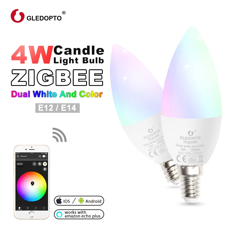 

GLEDOPTO Zigbee 3,0 RGB + CCT LED 4 Вт умный светильник для свечей E12 E14 декоративная диммируемая лампа с дистанционным управлением работает с Alexa Echo Plus