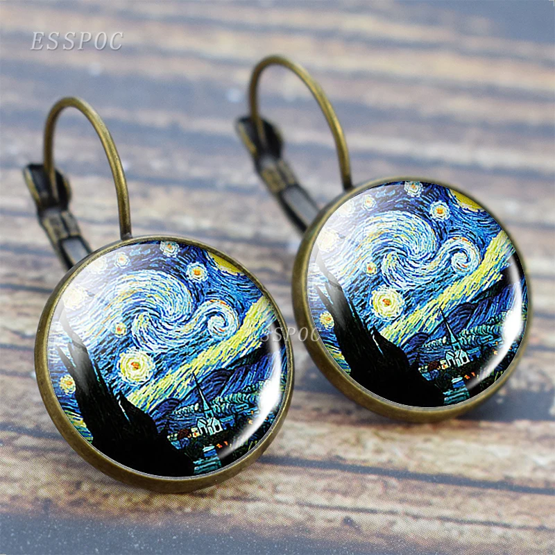 as show Модные серьги Van Gogh, Франция, серьги-гвоздики, бижутерия со стеклянными кабошонами, звездная ночь, Подсолнух, ушные крючки для женщин, подарок для влюбленных девушек - Окраска металла: as show