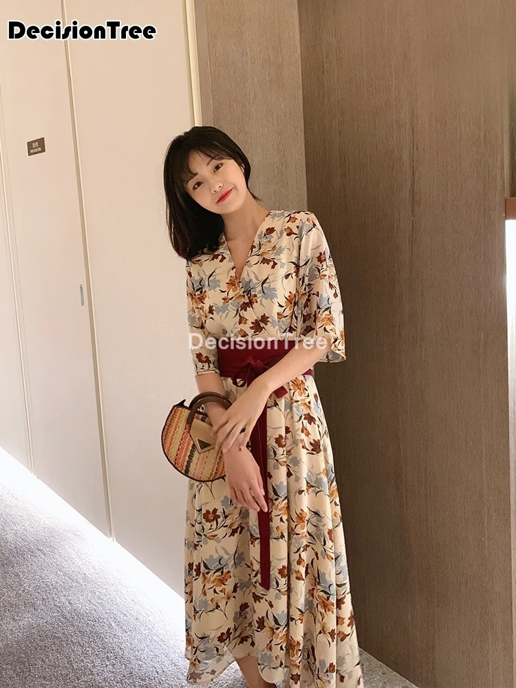 Женское кимоно с цветочным принтом японское юката v образным вырезом платье Оби