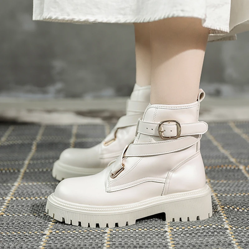 

Lucyever Cross Strap Buckle Ankle Boots Women Autumn Thick Bottom Platform Motorcycle Boots Woman Round Toe Pu Leather Botas