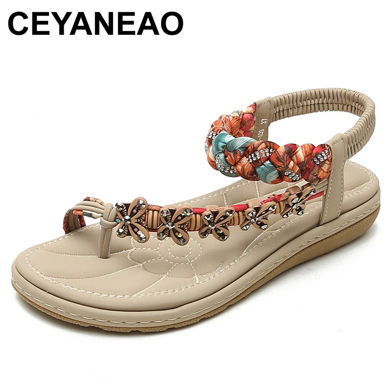 

CEYANEAOSummer New Bohemia Sandals Casual Elastic Band Solid Fashion Low (1cm-3cm) Flower Back Strap Wedges Large SizeBreathable