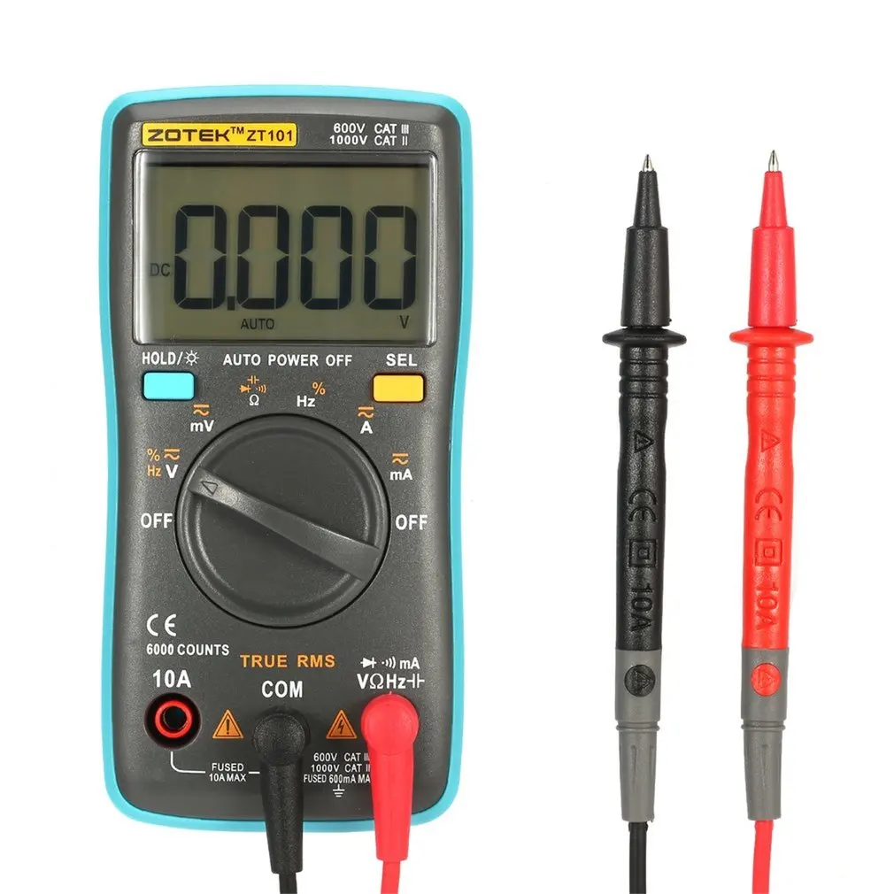 ZOTEK ZT101 Мини Авто Диапазон Цифровой мультиметр 6000 отсчетов AC DC Амперметр Вольтметр 550 в защита от перегрузки ЖК-подсветка