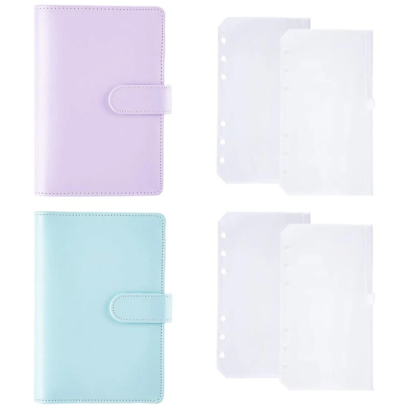 

2PCS A6 Binder PU Leather Notebook with Loose Leaf Zipper Pocket Refillable 6 Round Ring Binder Cover (Purple,Blue)