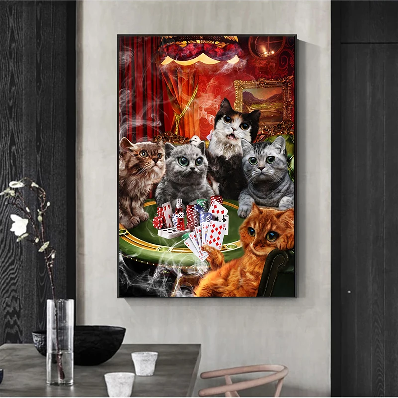 

Cat Playing Poker Game Art Canvas Print on The Wall Modern Animal Canvas Art Painting Canvas Picture Poster Wall Decoration